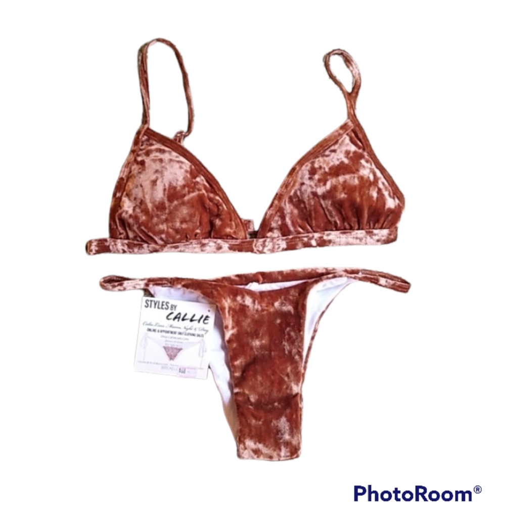 Callie Lives Crushed Velvet bronzed golden brown triangle swimsuit Bikini